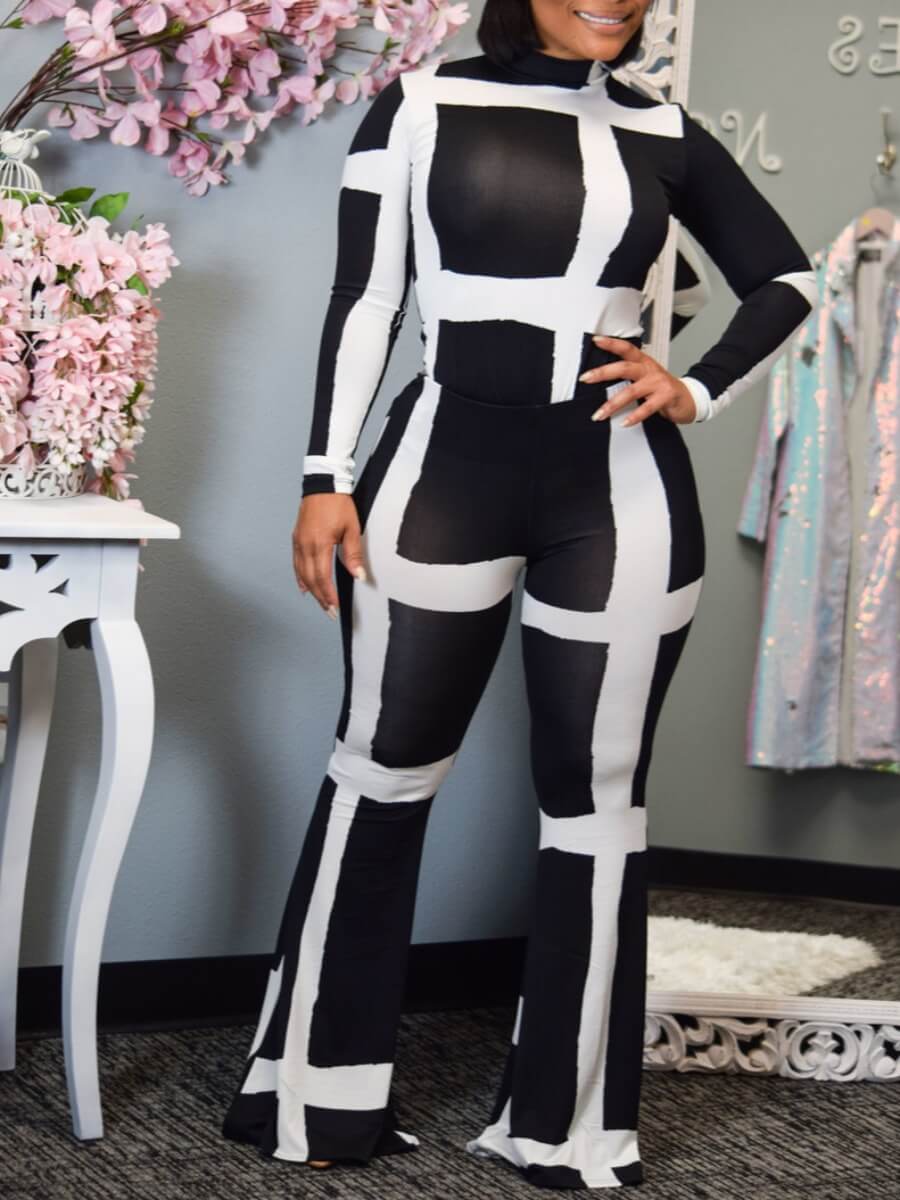 

Lovely Casual Half A Turtleneck Print Skinny Black Two Piece Pants Set