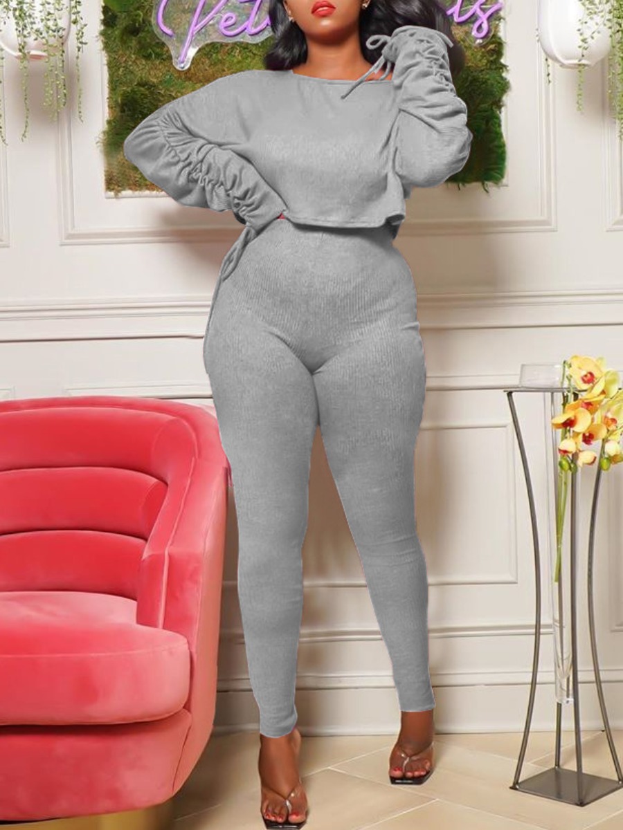 

Lovely Street O Neck Fold Design Grey Two Piece Pants Set