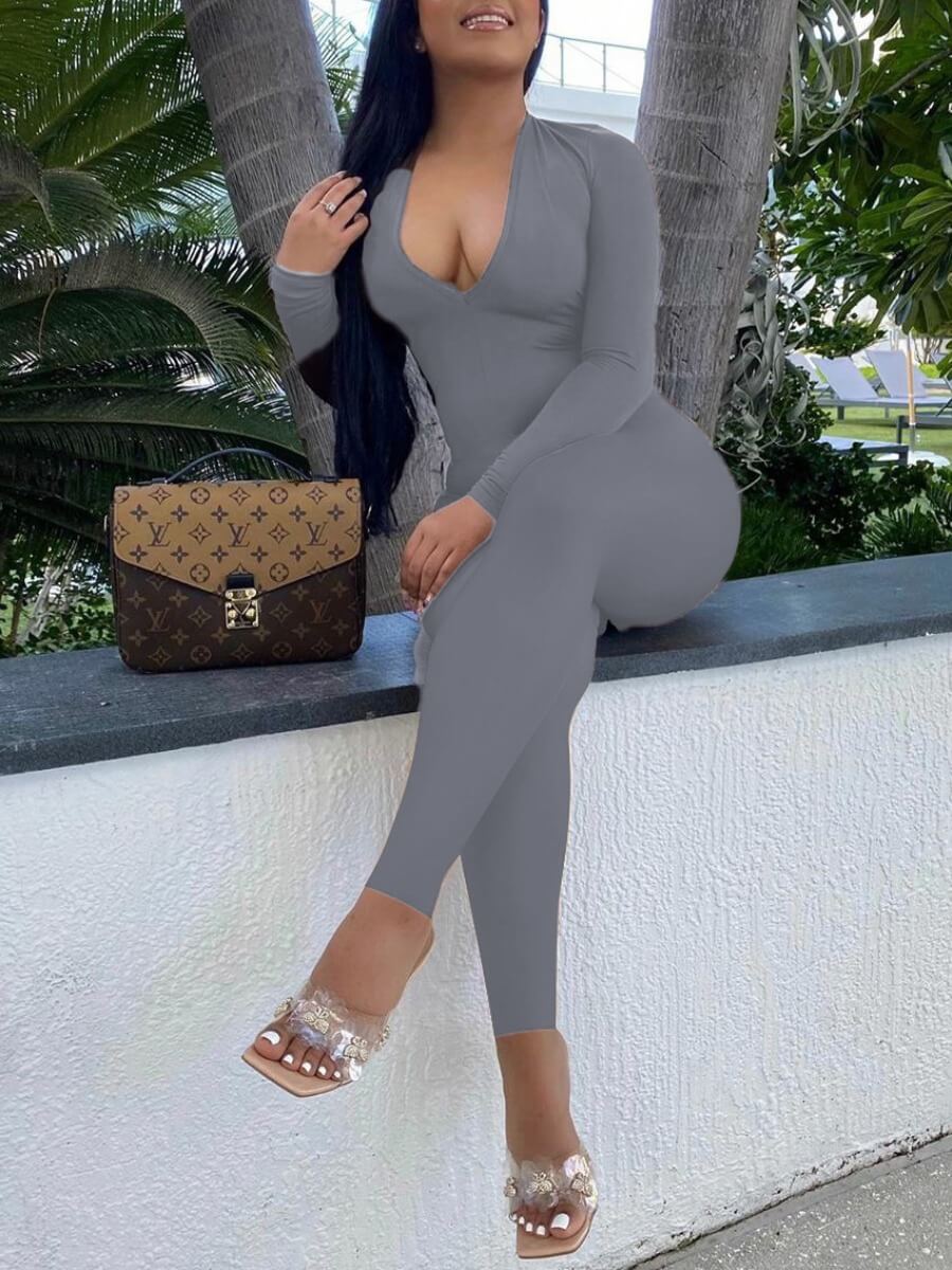 

Lovely Sexy V Neck Hollow-out Drawstring Grey One-piece Jumpsuit
