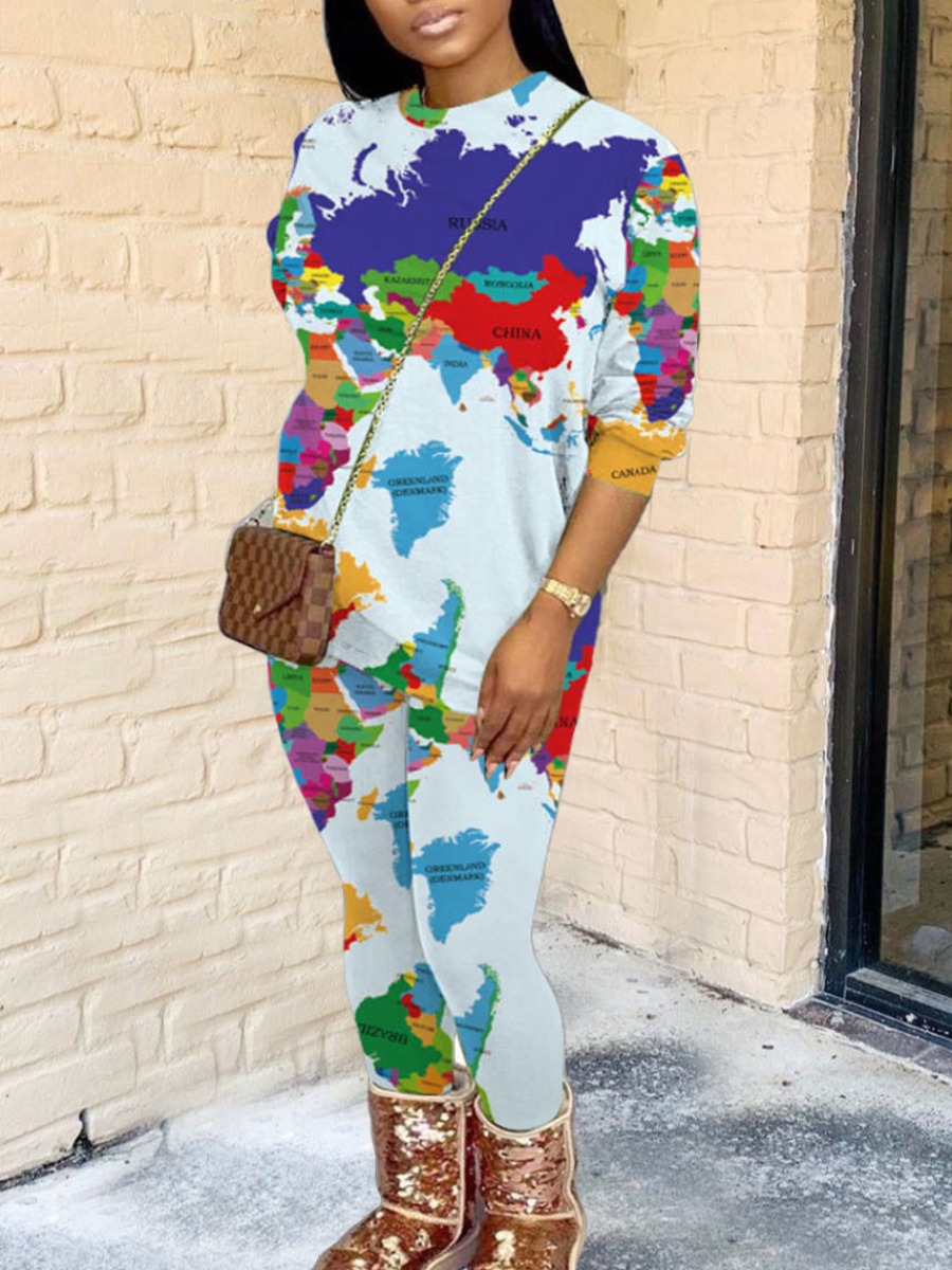 

Lovely Street O Neck Print White Two Piece Pants Set