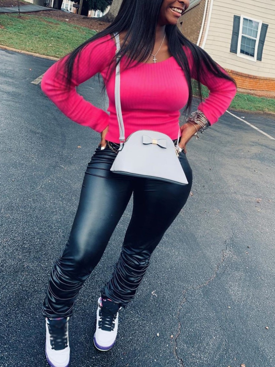 

Lovely Sexy U Neck Basic Skinny Black Two Piece Pants Set