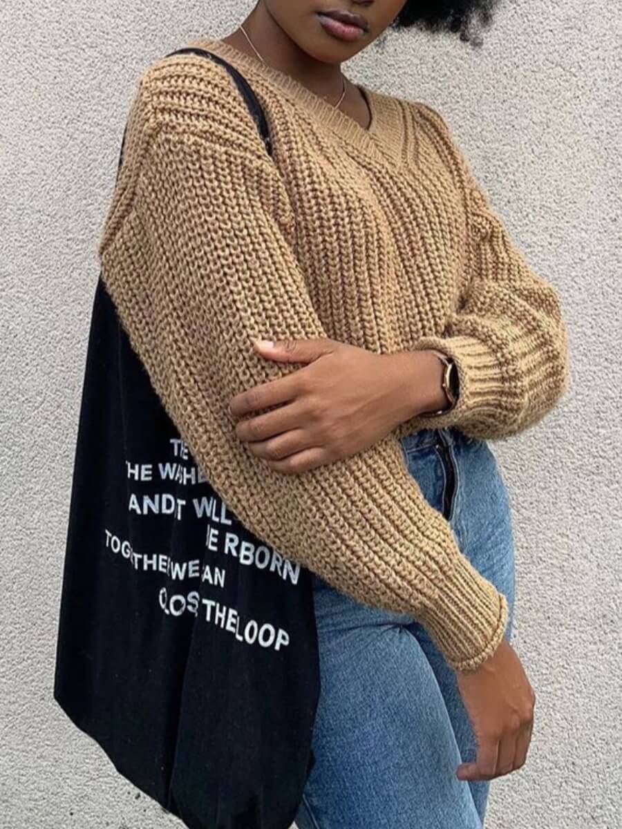 

Lovely Casual V Neck Basic Khaki Sweater