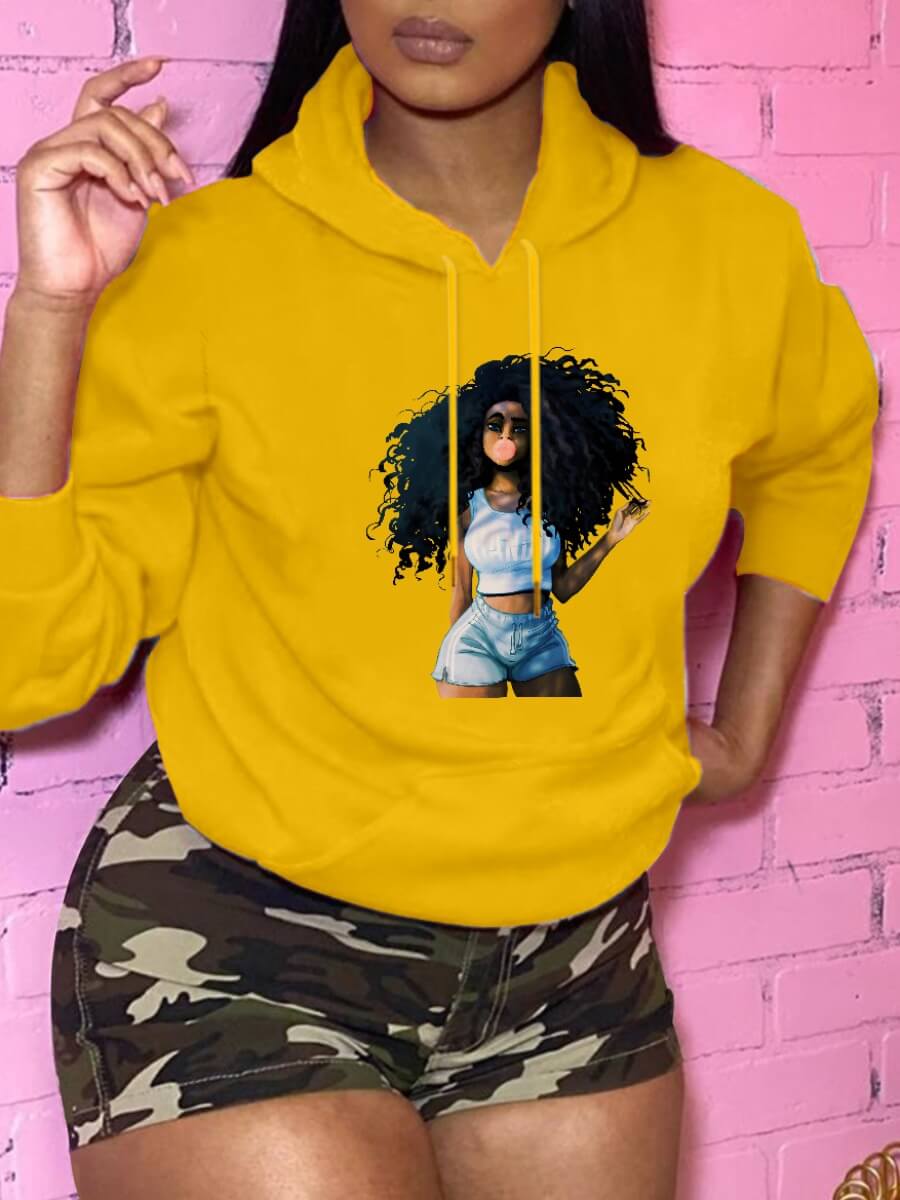 

Lovely Casual Hooded Collar Print Yellow Hoodie