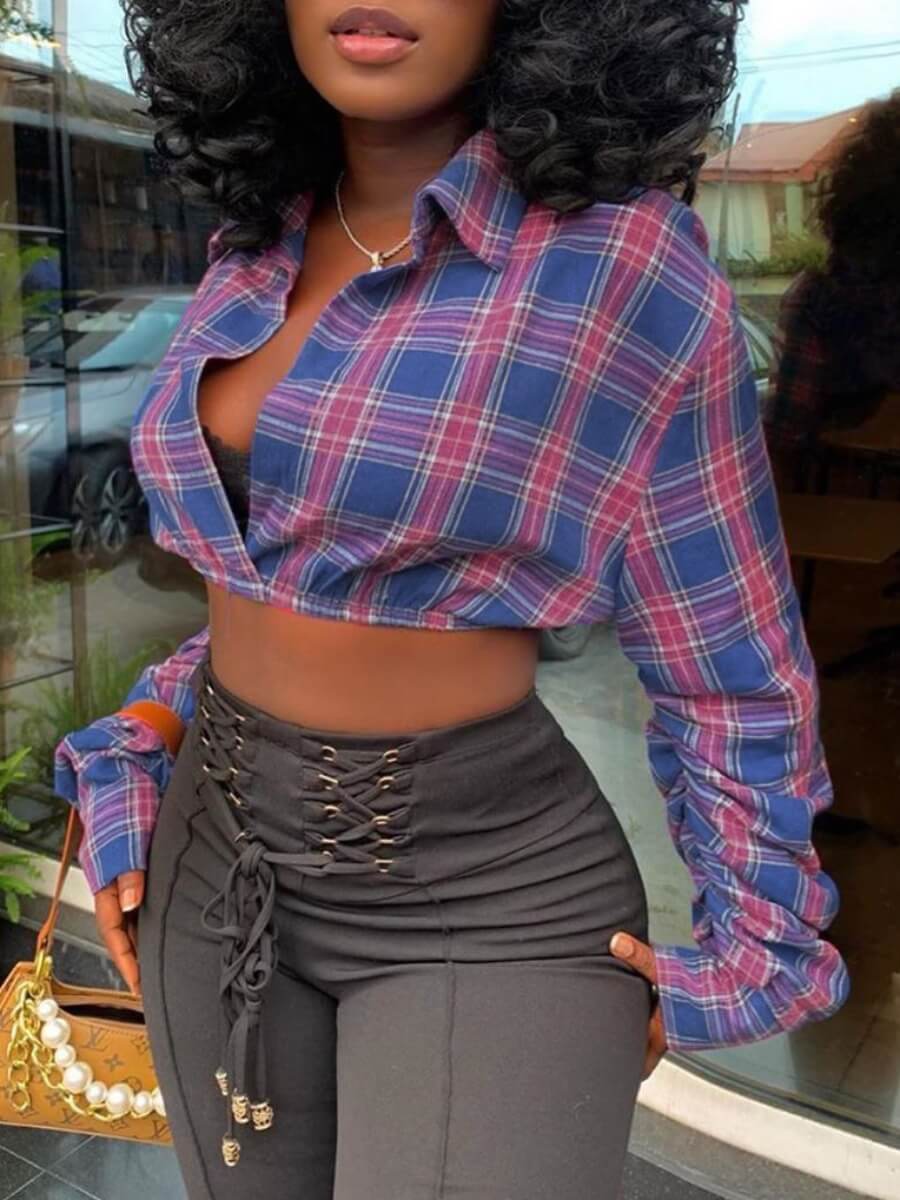 

Lovely Trendy Turndown Collar Grid Print Purple Short Blouse