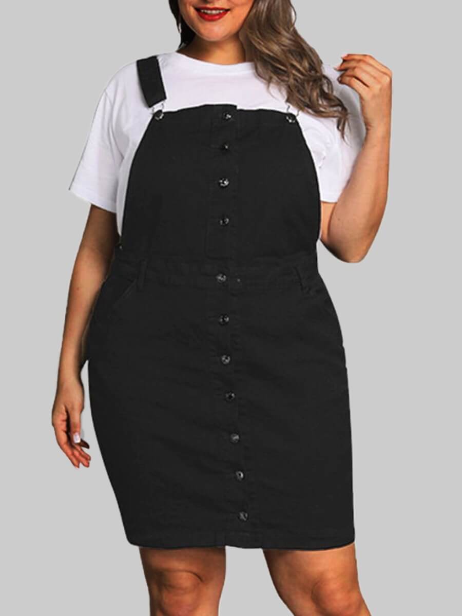 

Lovely Trendy Buttons Design Black Knee Length Plus Size Denim Dress