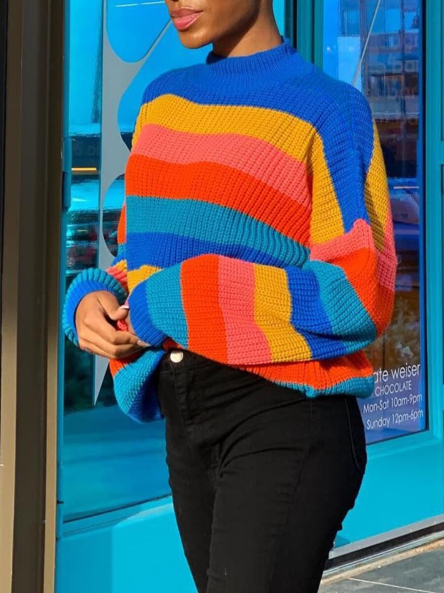 

LW Street O Neck Rainbow Striped Multicolor Sweater, Multi