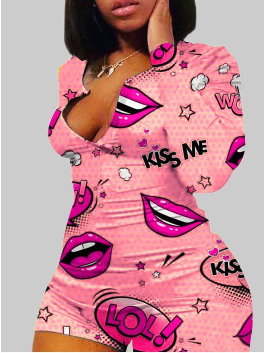 

Lovely Plus Size Leisure Lip Print Pink One-piece Romper