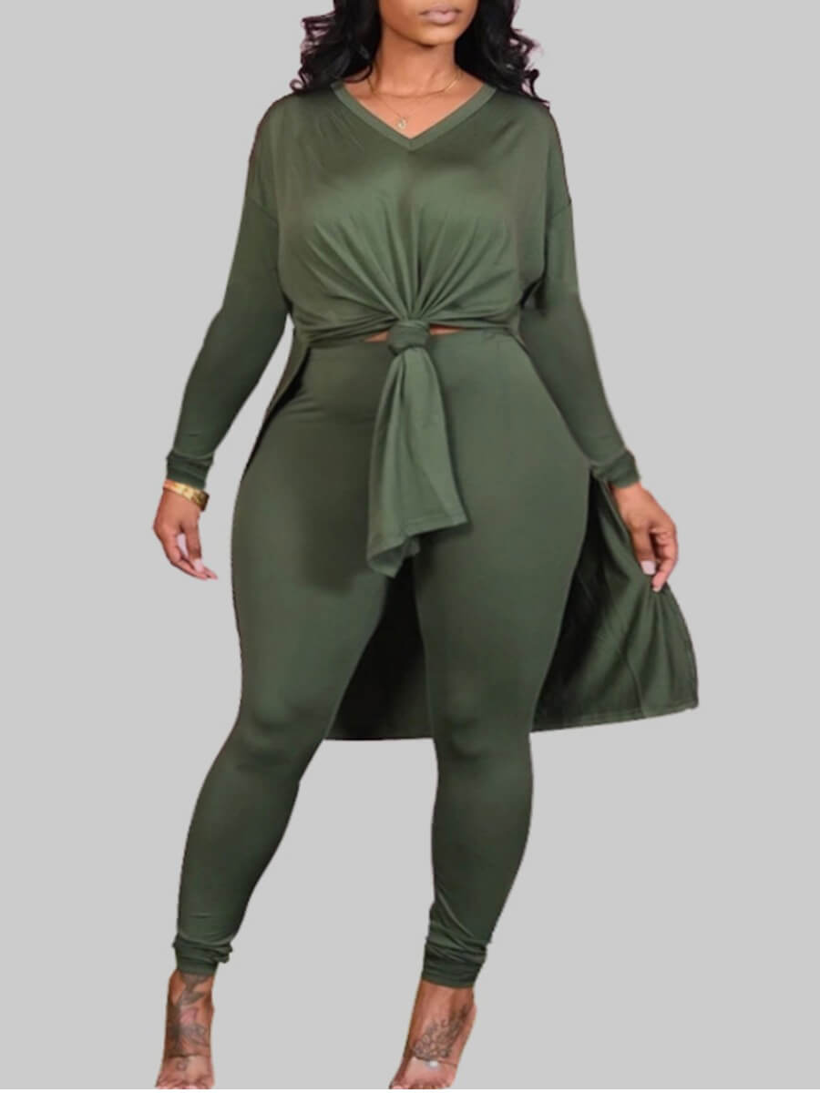

Lovely Casual V Neck Side Slit Green Plus Size Two-piece Pants Set