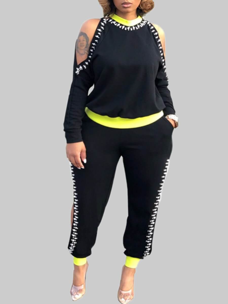 

Lovely Casual O Neck Hollow-out Black Plus Size Two-piece Pants Set