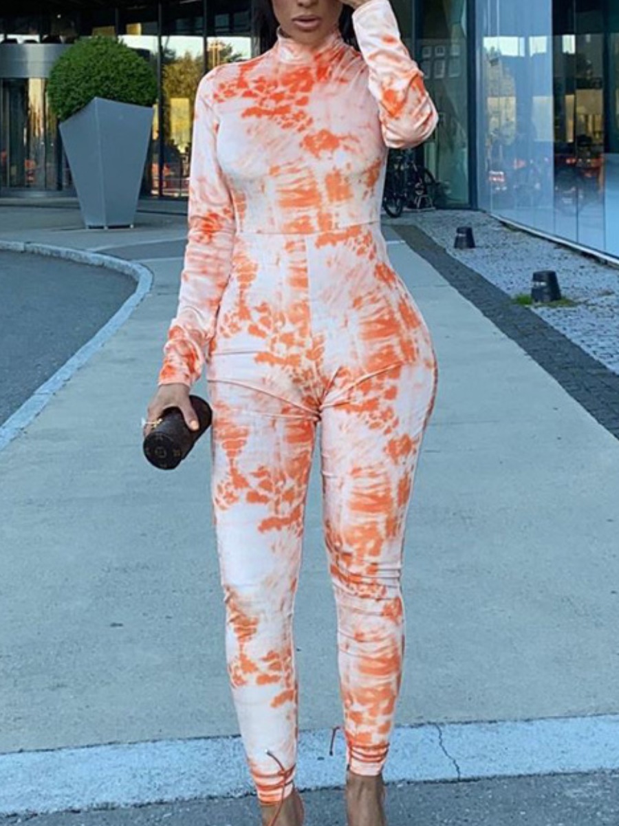

Lovely Trendy Turtleneck Tie-dye Skinny Orange One-piece Jumpsuit
