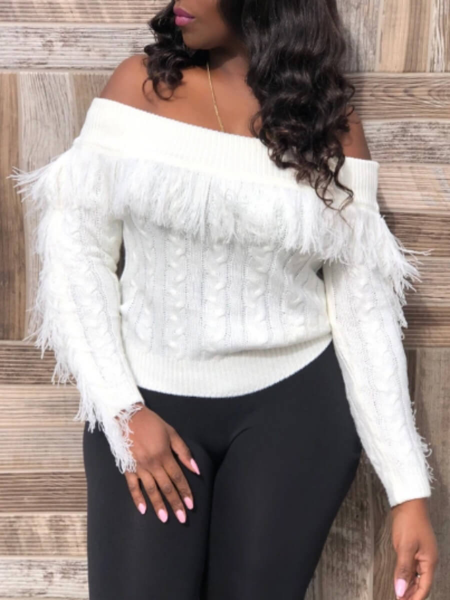 

Lovely Trendy Dew Shoulder Tassel Design White Sweater