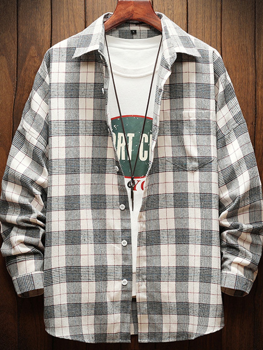 

lovely Casual Turndown Collar Grid Print White Men Shirt