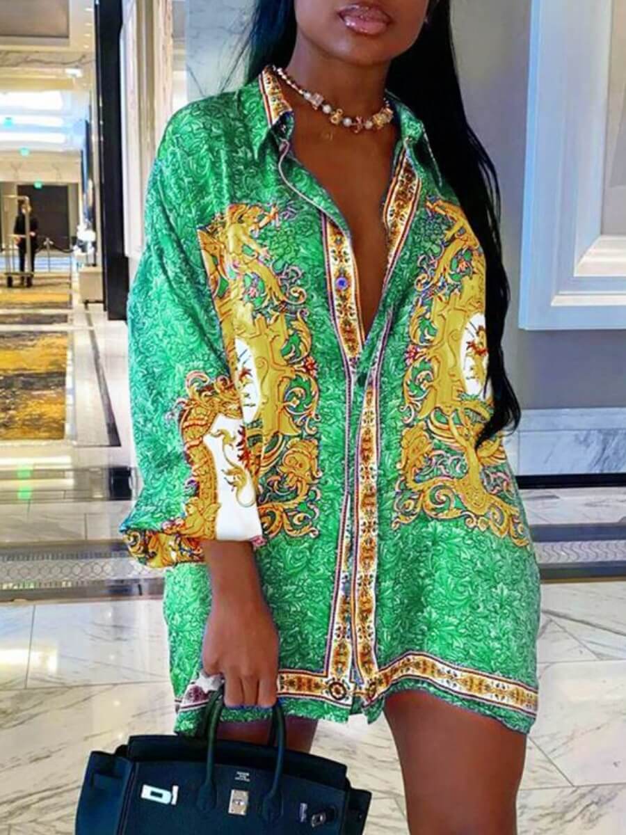 LovelyWholesale Casual Turndown Collar Print Patchwork Green Mini Dress Fall Long Sleeve Casual Basic Turndown Collar Spring Summer 2024