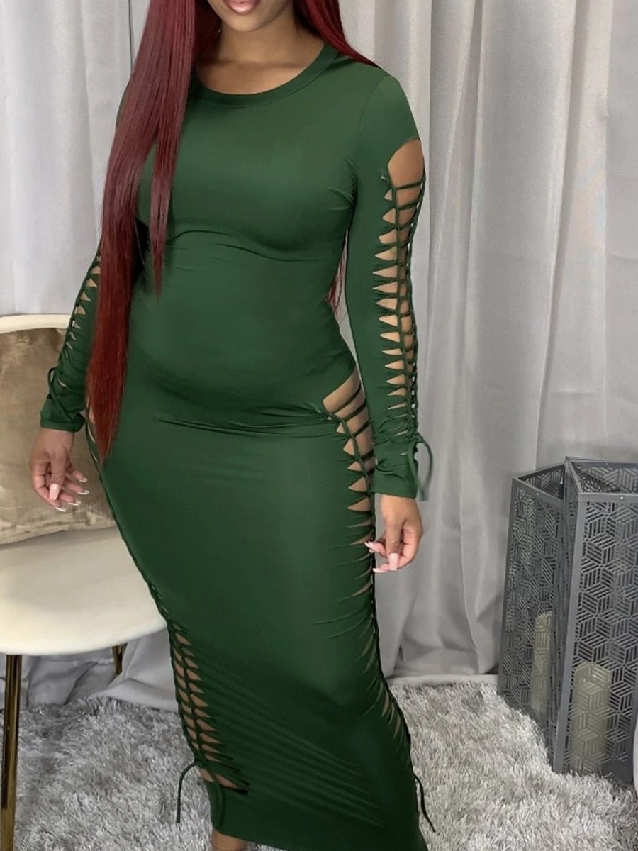 

Lovely Street O Neck Hollow-out Green Ankle Length Dress