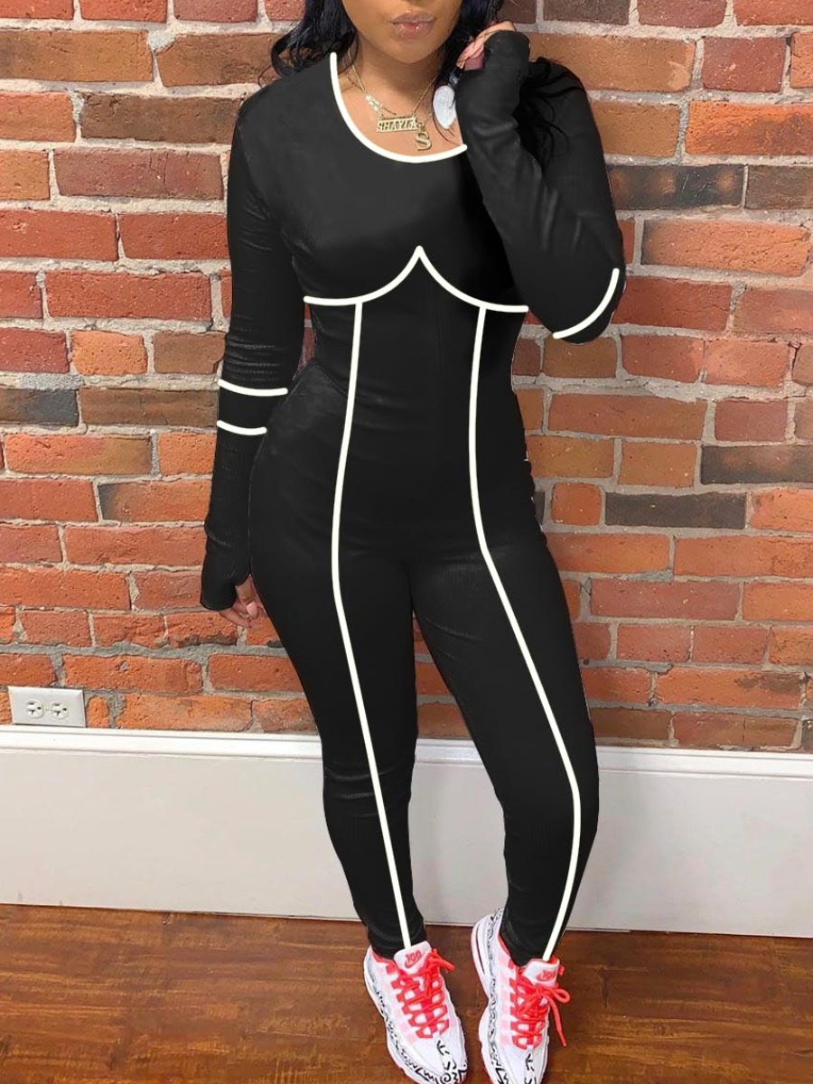 

Lovely Sportswear U Neck Patchwork Black One-piece Jumpsuit