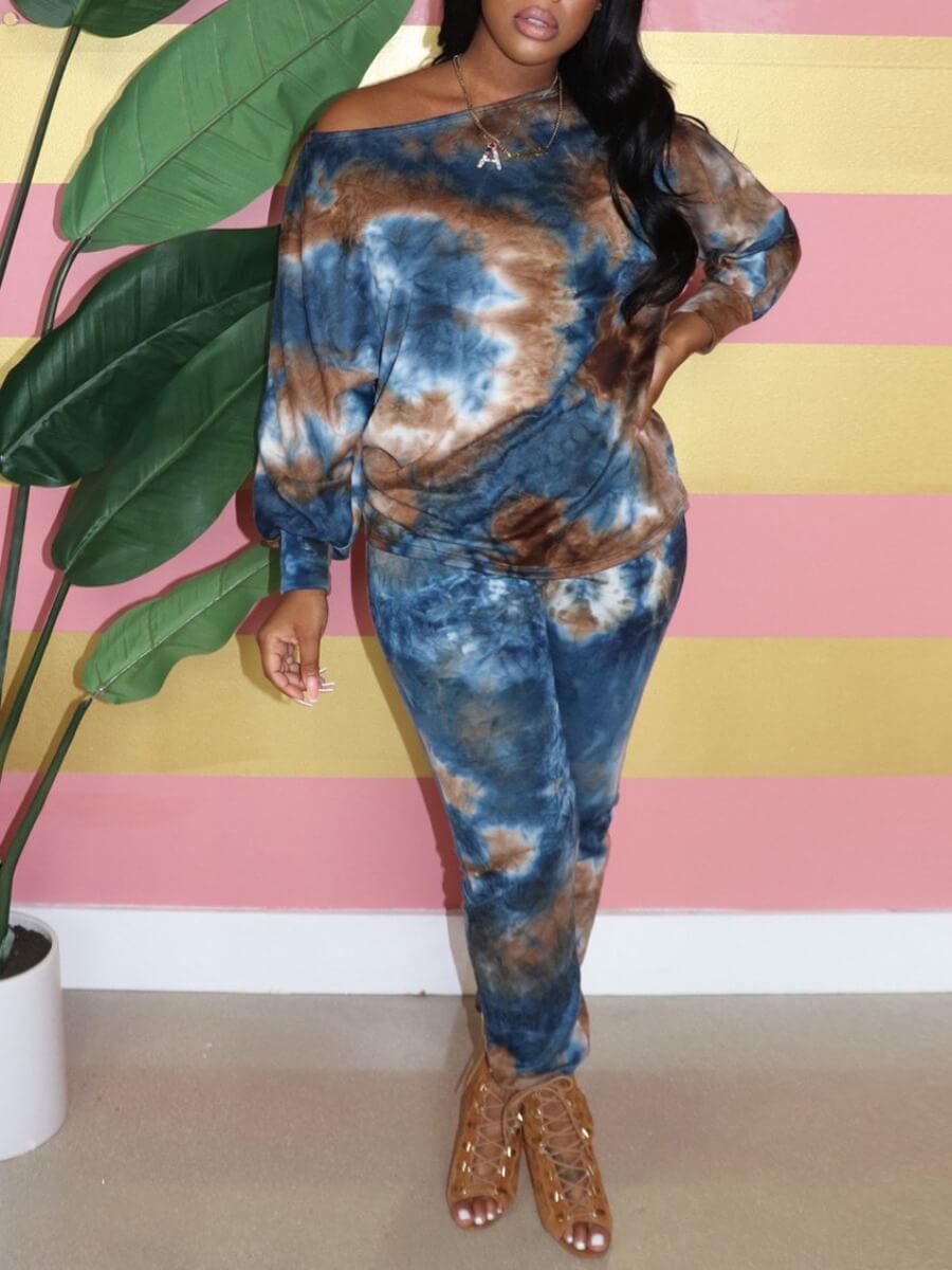

Lovely Stylish O Neck Tie Dye Dark Blue Two Piece Pants Set