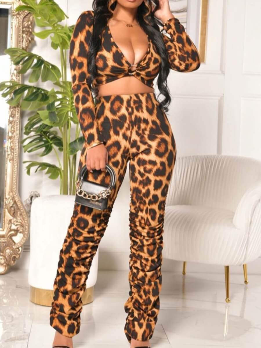 

Lovely Stylish Deep V Neck Leopard Print Skinny Two Piece Pants Set