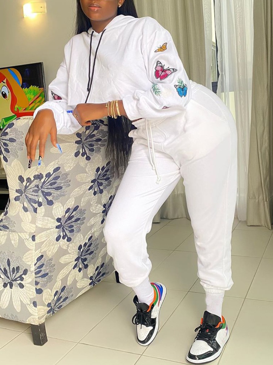 

Lovely Leisure Hooded Collar Butterfly Print White Two Piece Pants Set