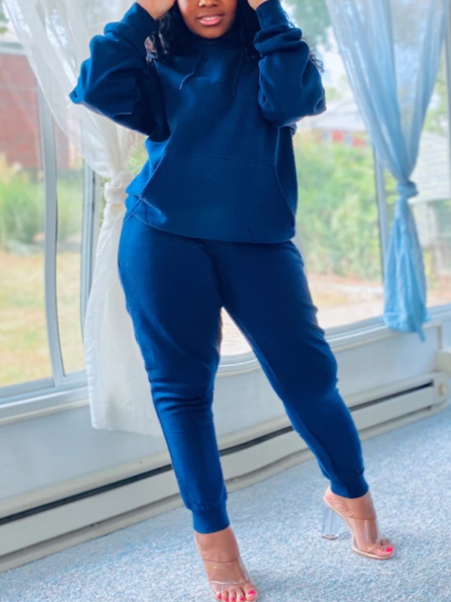 

Lovely Casual Hooded Collar Basic Blue Two Piece Pants Set