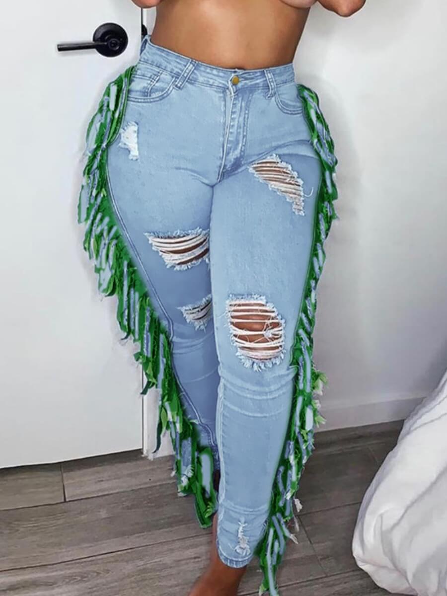 

Lovely Street Tassel Design Broken Holes Baby Blue Jeans