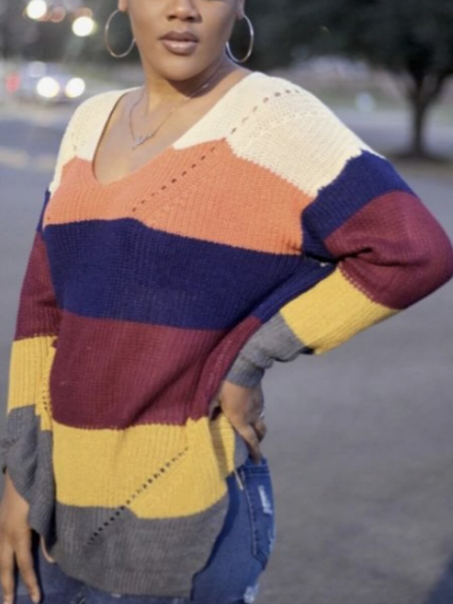 

Lovely Street V Neck Color-lump Patchwork Yellow Sweater