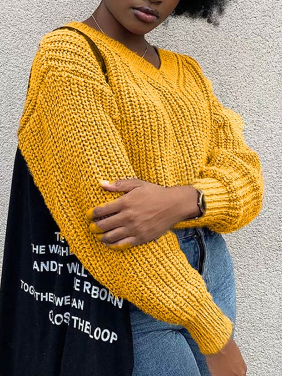 

Lovely Sweater V Neck Loose Yellow Sweater