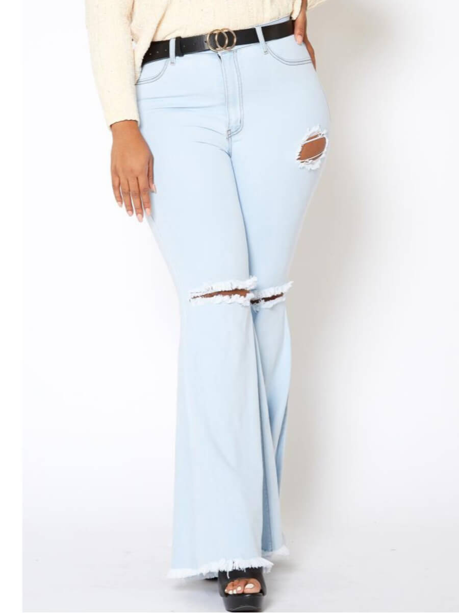 

Lovely Street High-waisted Broken Holes Baby Blue Plus Size Jeans