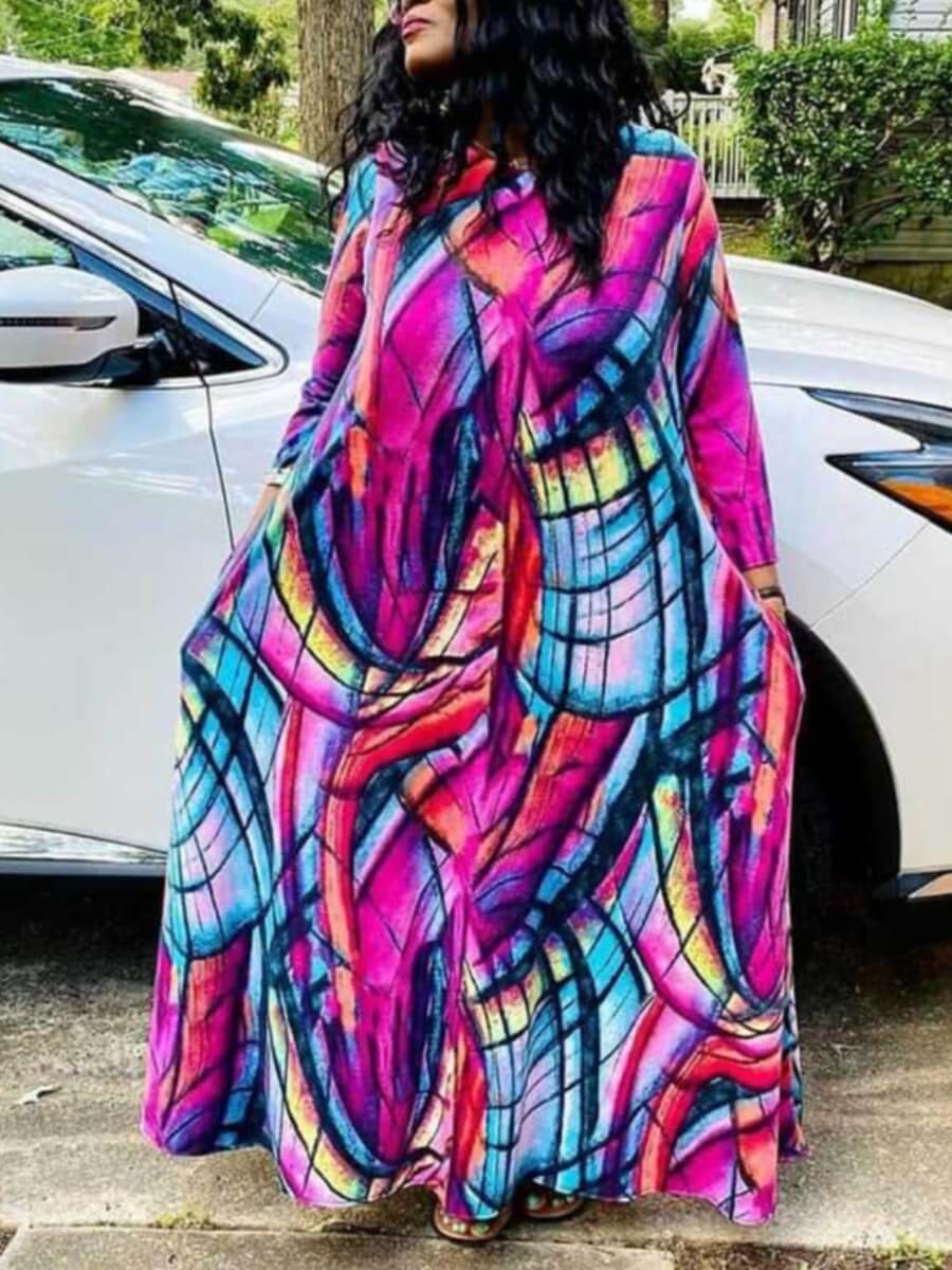 

Lovely Stylish O Neck Print Loose Rose Maxi Dress