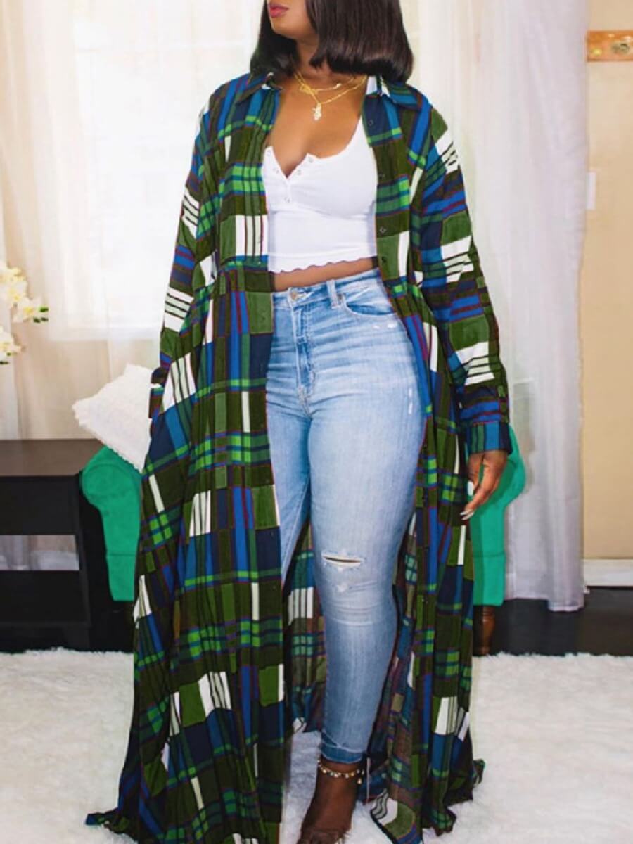 

Lovely Casual Turndown Collar Grid Print Green Long Coat