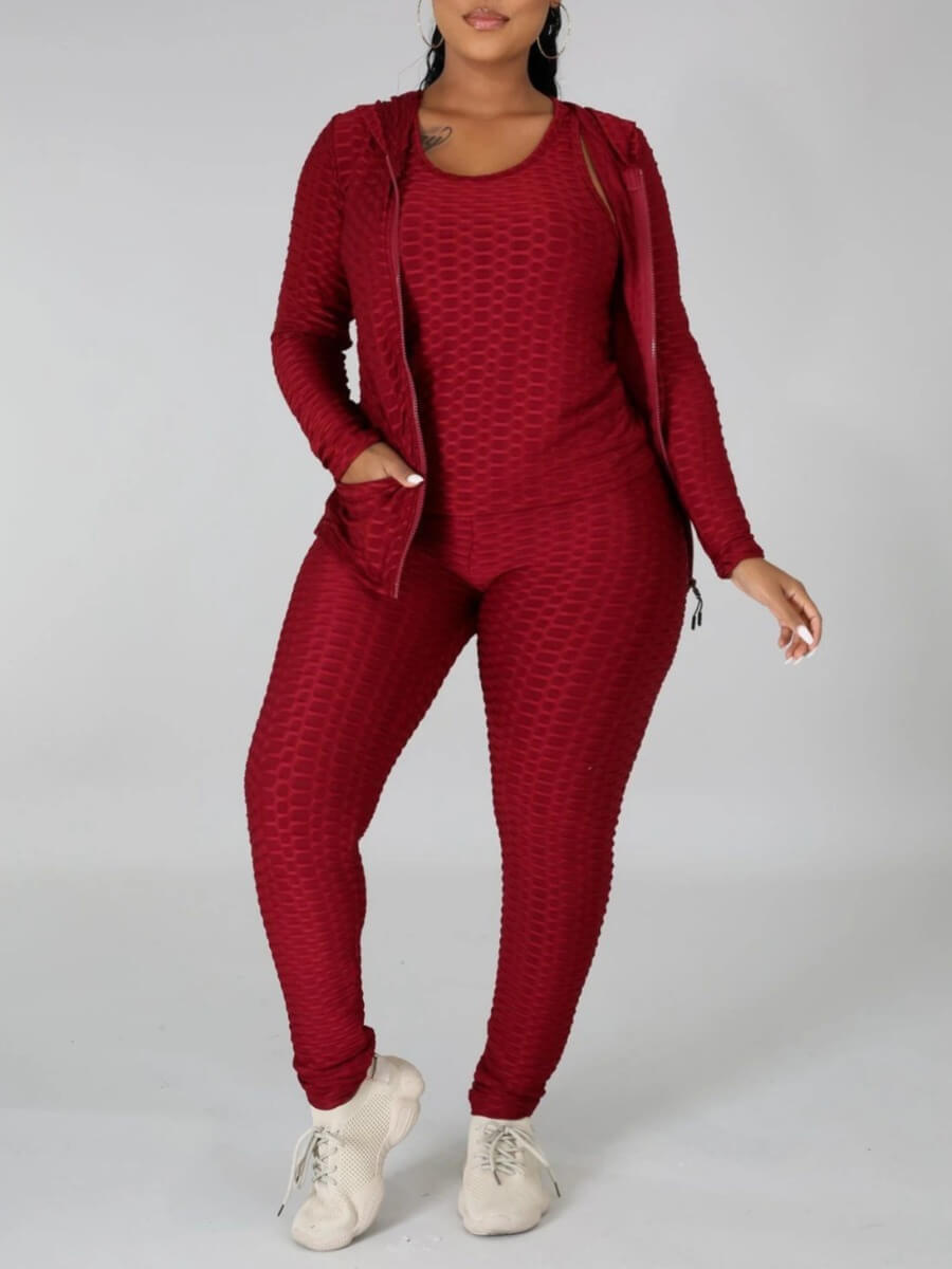 

Lovely Sportswear Hooded Collar Zipper Design Wine Red Plus Size Two-piece Pants Set