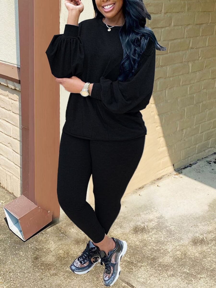 

Lovely Casual O Neck Basic Black Plus Size Two-piece Pants Set