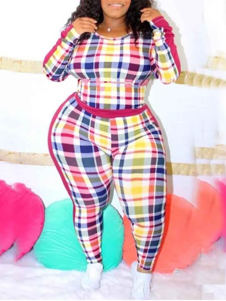 

Lovely Plus Size Sportswear O Neck Grid Print Multicolor Two-piece Pants Set, Multi