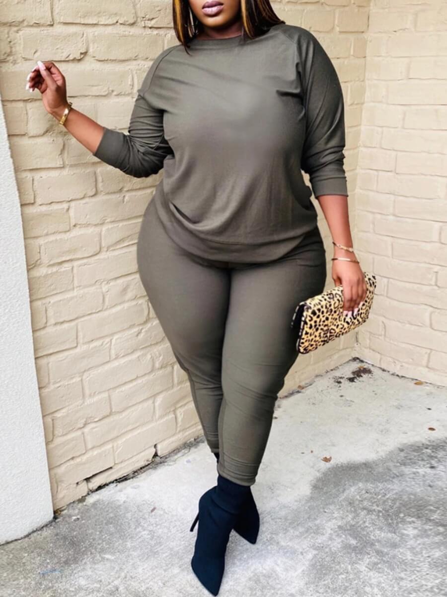 

Lovely Casual O Neck Basic Dark Grey Plus Size Two-piece Pants Set