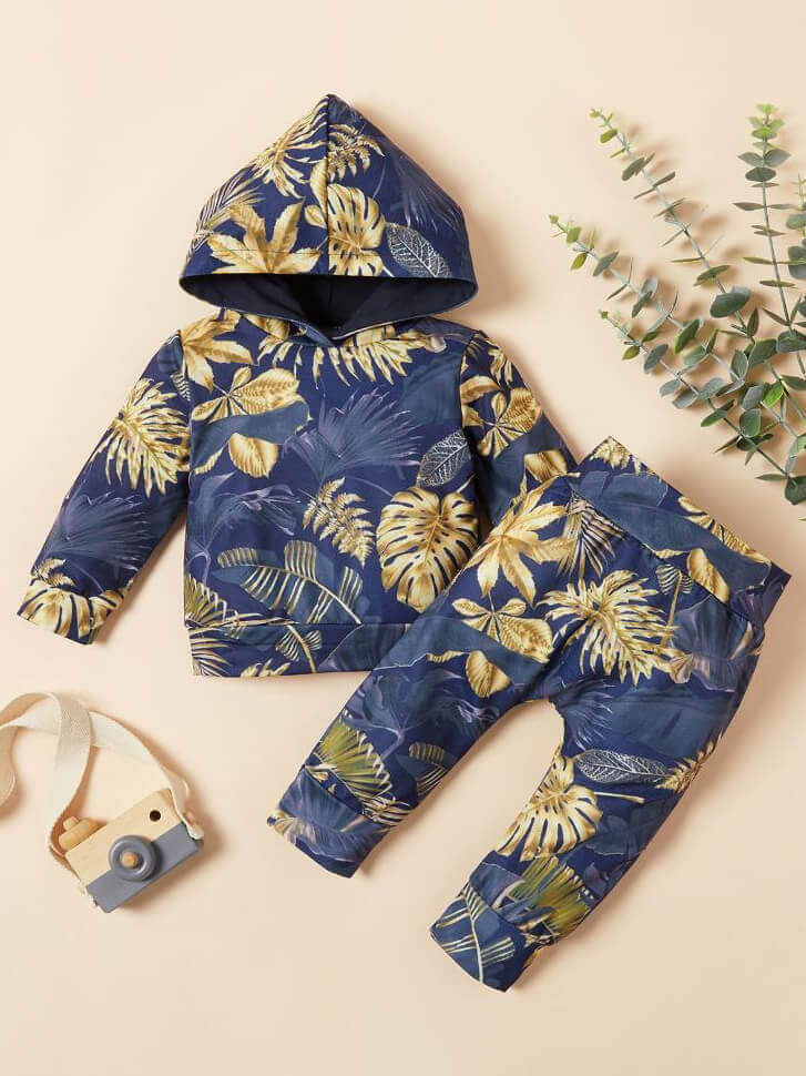 

Lovely Casual Hooded Collar Plants Print Dark Blue Boy Two-piece Pants Set
