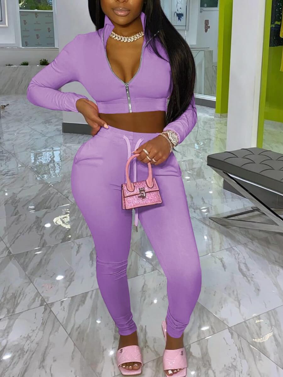 

Lovely Casual Turndown Collar Zipper Design Skinny Purple Two Piece Pants Set