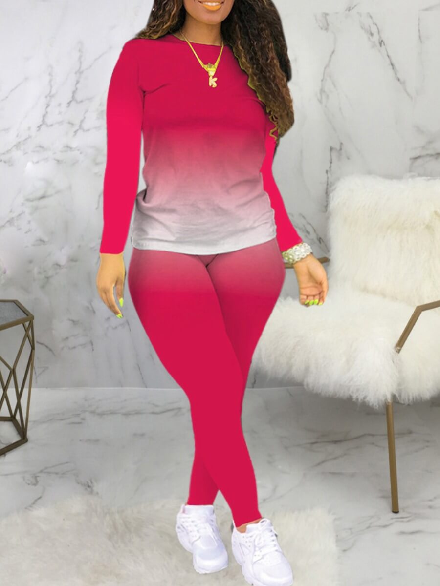 LW Casual O Neck Gradient Print Rose Red Two Piece Pants Set