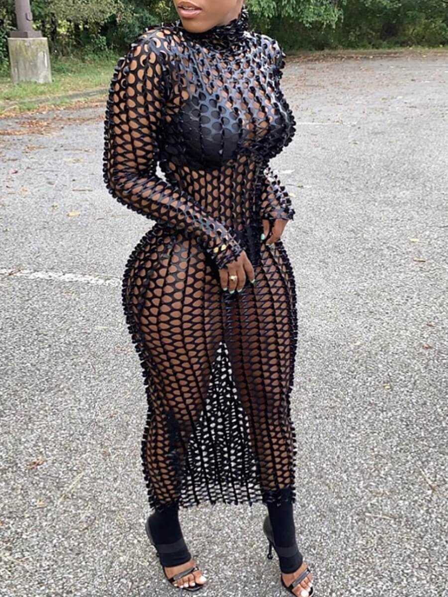 

Lovely Sexy Turtleneck Hollow-out Black Ankle Length Dress