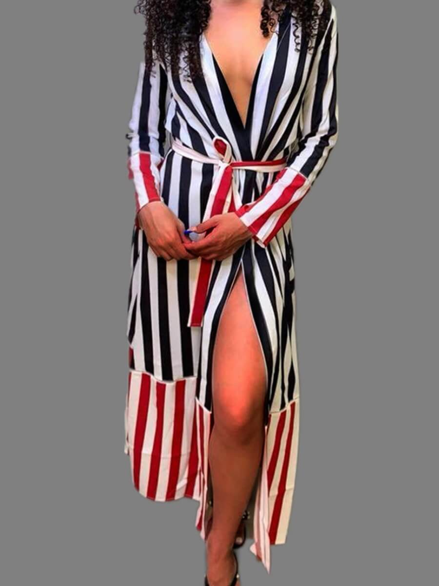 

Lovely Stylish Turndown Collar Striped Patchwork Black Long Coat