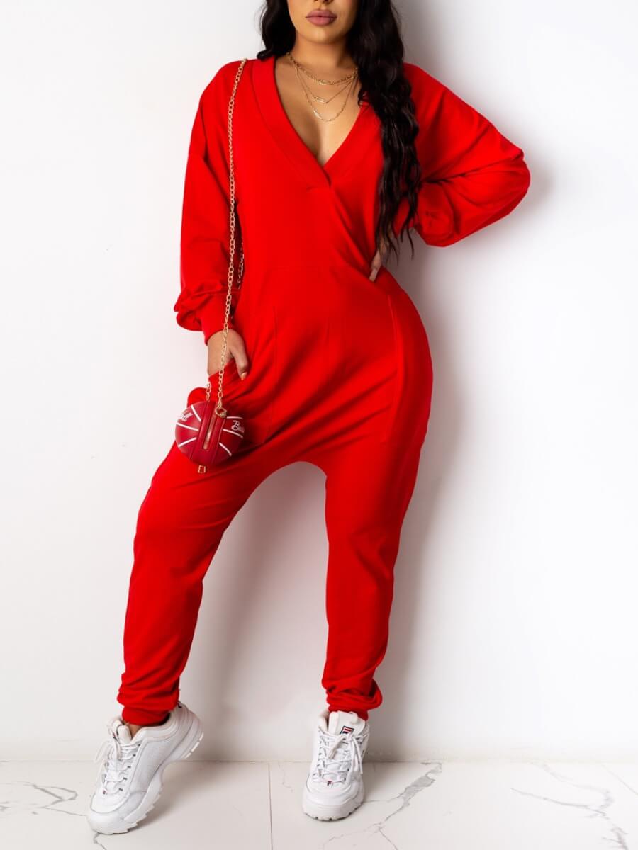 

Lovely Casual Deep V Neck Loose Red One-piece Jumpsuit