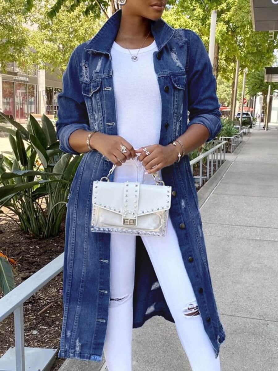 

Lovely Trendy Turndown Collar Broken Holes Deep Blue Denim Jacket