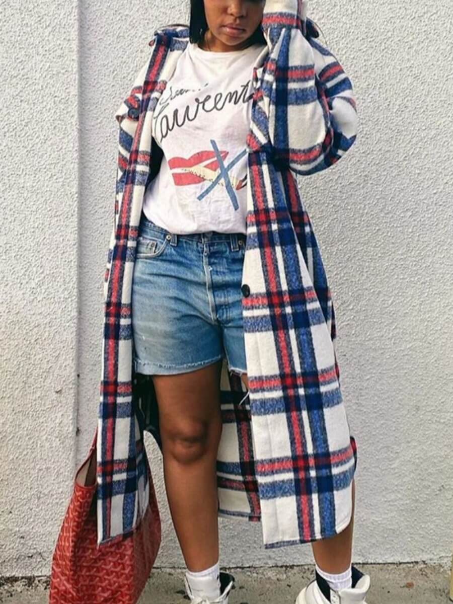 

Lovely Trendy Turndown Collar Grid Print White Long Trench Coat