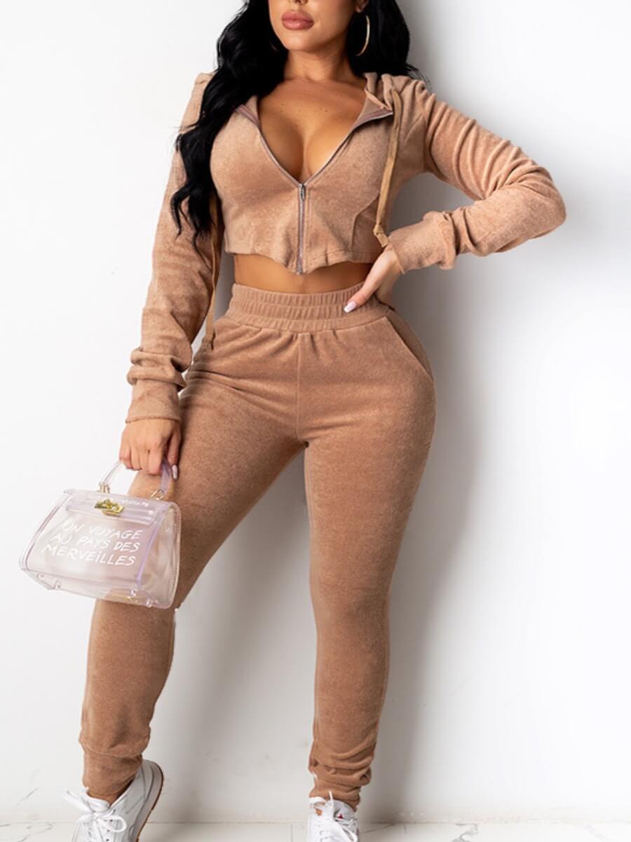 

Lovely Sportswear Hooded Collar Zipper Design Brown Two Piece Pants Set