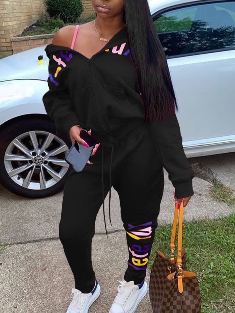 

Lovely Sportswear Hooded Collar Letter Print Black Two Piece Pants Set