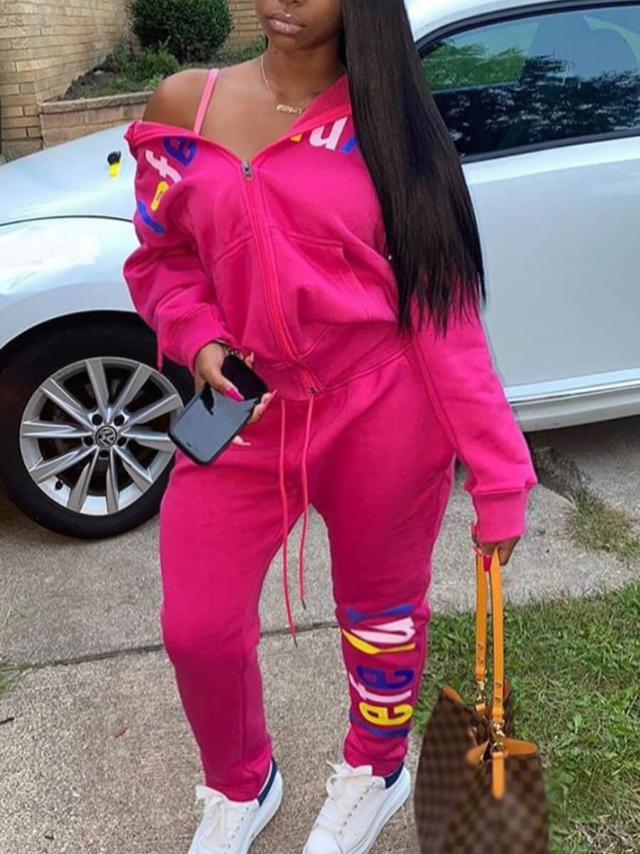 

Lovely Sportswear Hooded Collar Letter Print Rose Red Two Piece Pants Set