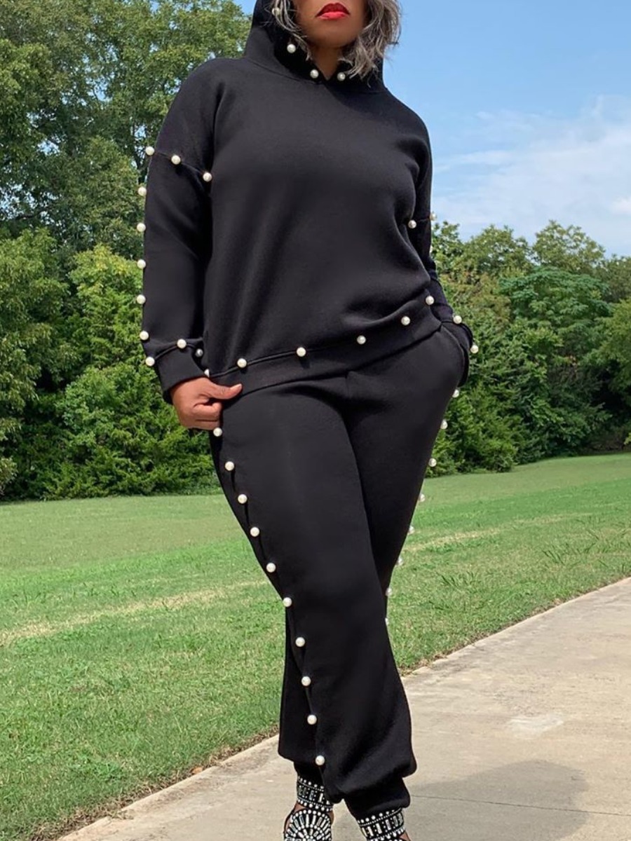 

Lovely Casual Hooded Collar Pearl Decorative Black Two Piece Pants Set