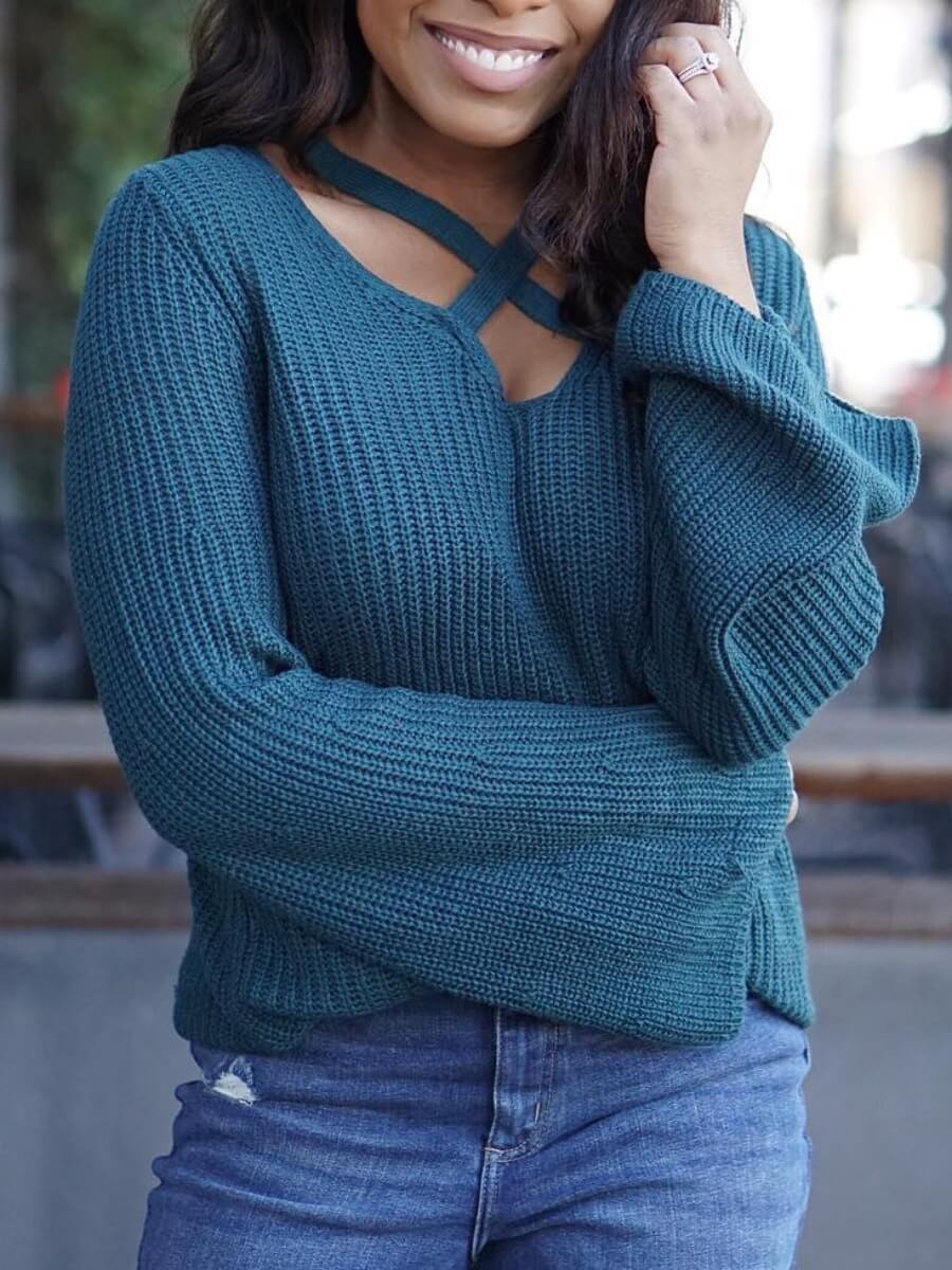 

Lovely Leisure Cross-over Design Blue Sweater