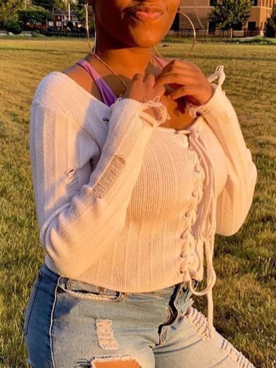

Lovely Trendy Bandage Design White Sweater