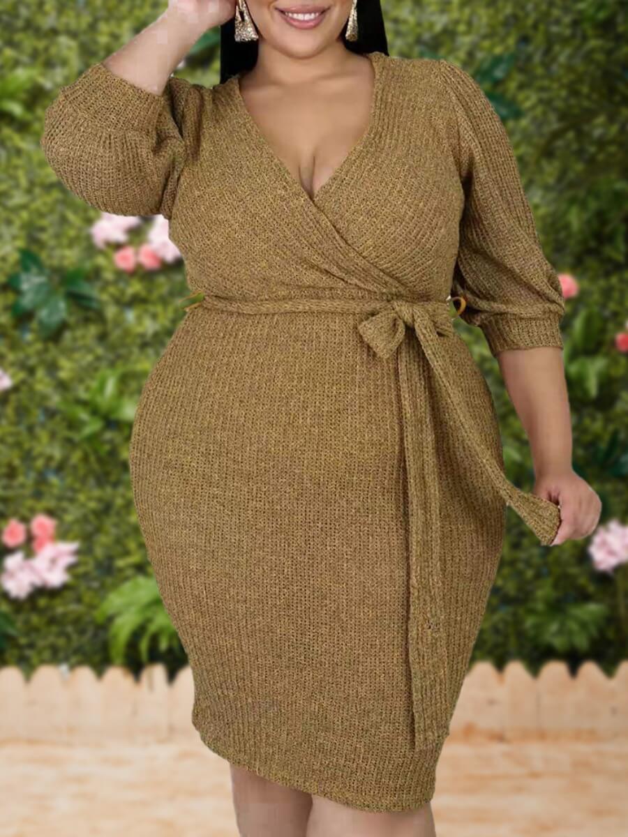 

Lovely Casual V Neck Lace-up Khaki Knee Length Plus Size Dress