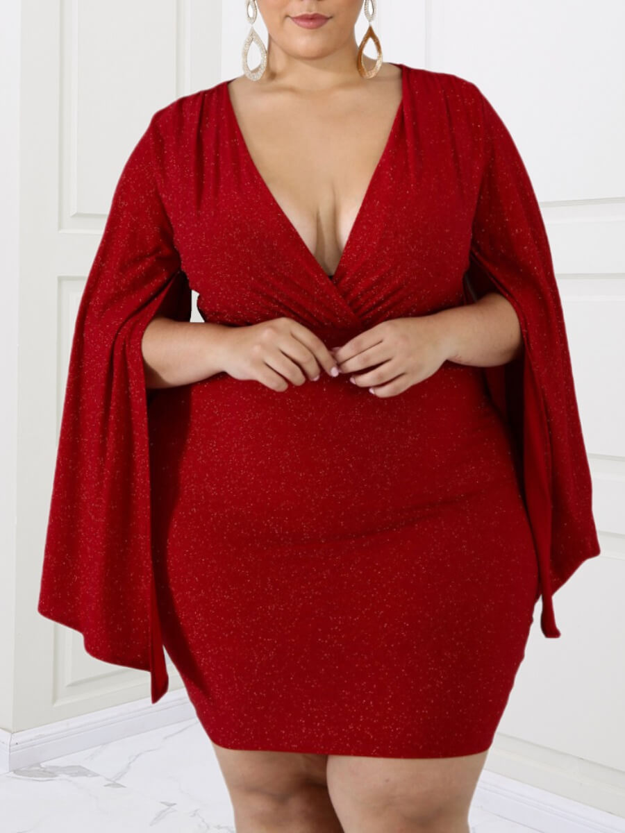 

Lovely Sexy Deep V Neck Red Knee Length Plus Size Dress