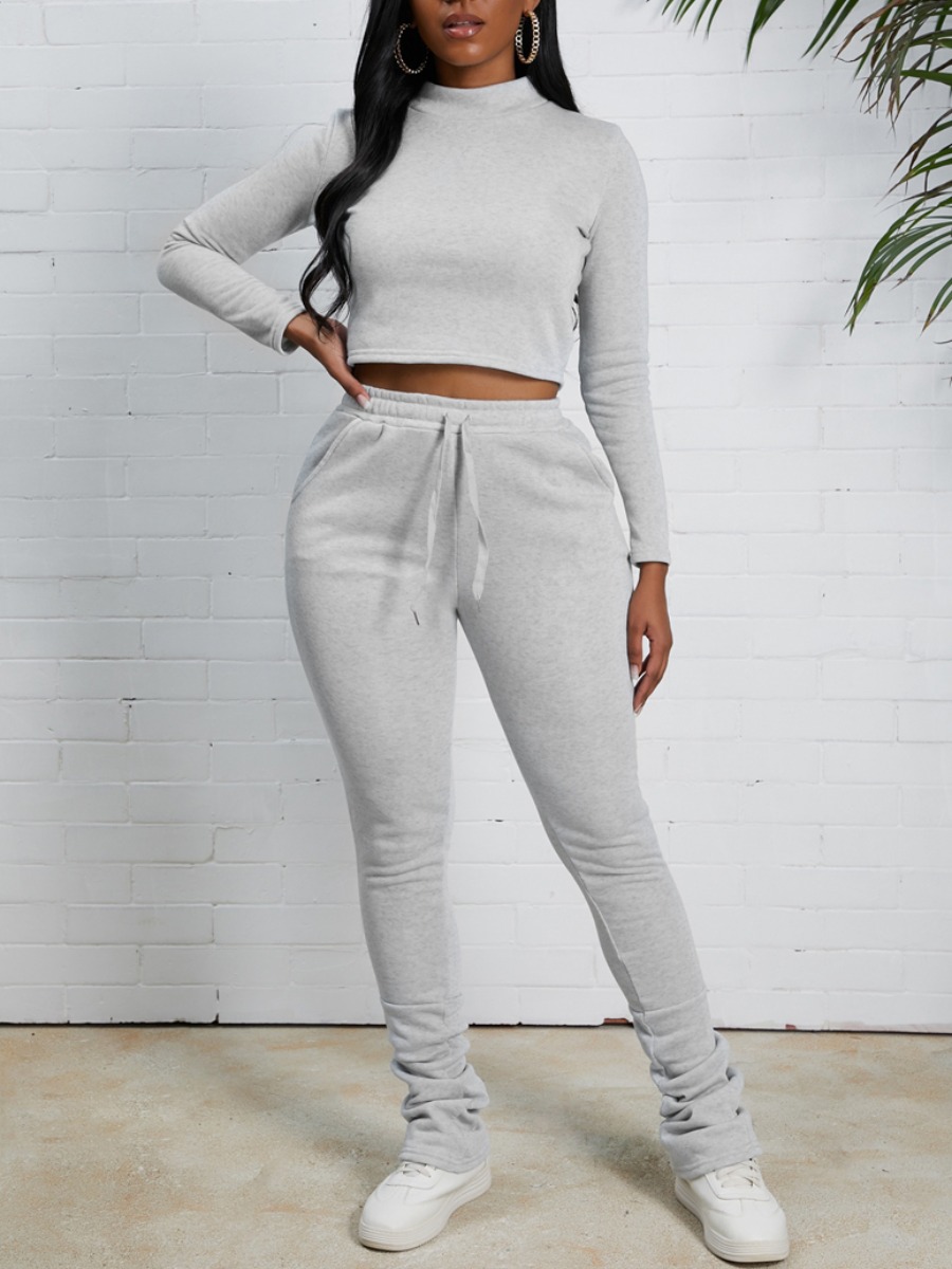 

Lovely Casual Turtleneck Lace-up Skinny Grey Two Piece Pants Set